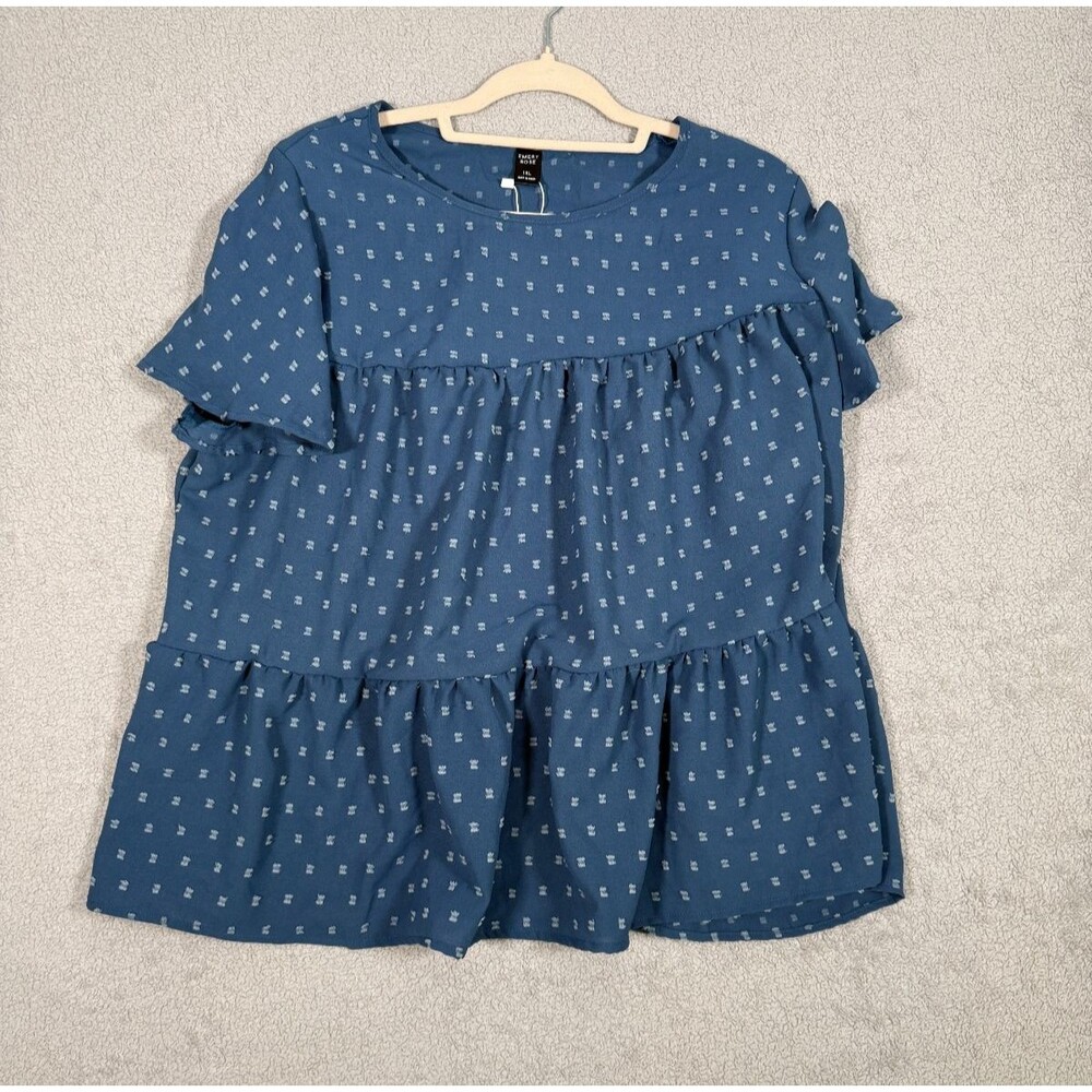 Emery Rose Womens Top Tiered Babydoll Swiss Dot Short Sleeve NWT Plus 1XL Blue